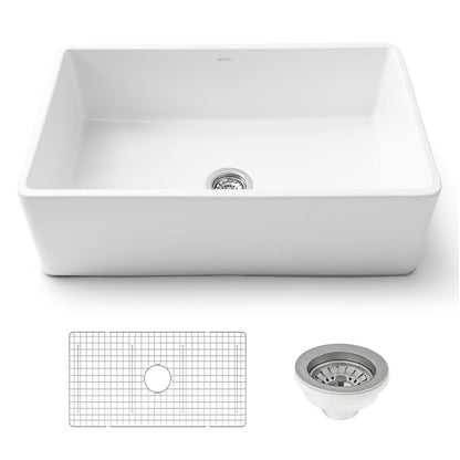 Ruvati 30 x 20 inch Fireclay Reversible Farmhouse Apron-Front Kitchen Sink Single Bowl - White - RVL2100WH