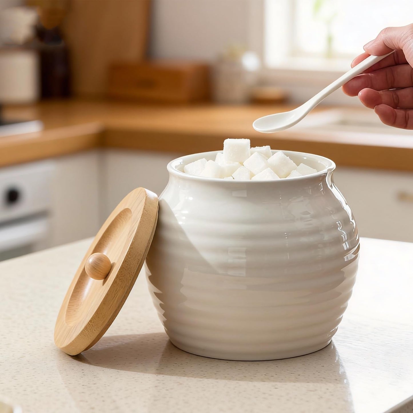 Rougizor 13oz Ceramic Sugar Bowl with Lid and Spoon, Porcelain Sugar Jar with Bamboo Lid, Salt Container Jar for Coffee Bar, Countertop, Kitchen, White Seasoning Container