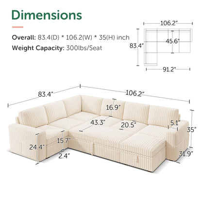 HONBAY Modular Sectional Sleeper Sofa with Pull Out Bed,Corduroy U Shaped Couch with Storage, Sectional Couches for Living Room,Beige