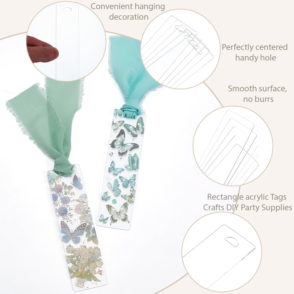 BEAMARKER Bookmark Making Kit 12Pcs Clear Acrylic Bookmark Blanks with 19 Sheets Flower Butterfly Star Theme Stickers 4m Green White Ribbon and 12 Gift Bags for DIY Crafts Green Theme