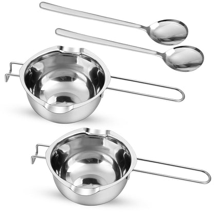 Milkary 2Pcs 600ml/20oz Stainless Steel Double Boiler Pot with 2 Metal Spoon, Chocolate Melting Pot for Melting Chocolate Butter Cheese Candle and Wax Making Kit Double Spouts