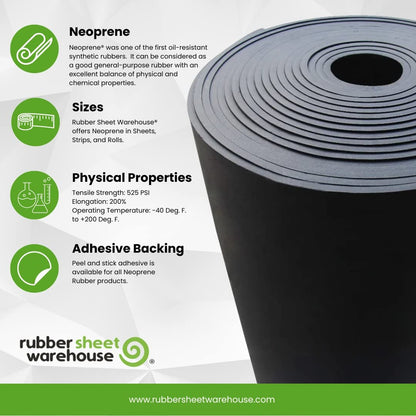 Neoprene Rubber Sheet, Rolls, Strips 1/4" (.250") Thick x 8" Wide x 10' Long Solid Rubber