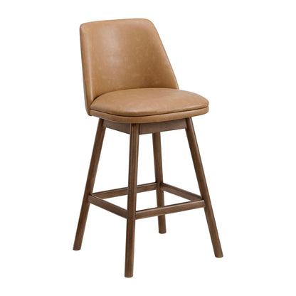 ROME + OAK Rowan 26 Inch Swivel Counter Height Stool in Walnut Finish with Brown Vegan Leather Upholstery Seat - Kitchen or Dining Room Furniture