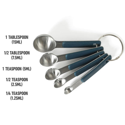 Calphalon Prime 5 Piece Stainless Steel Measuring Spoons W/Navy Blue Silicone Handles