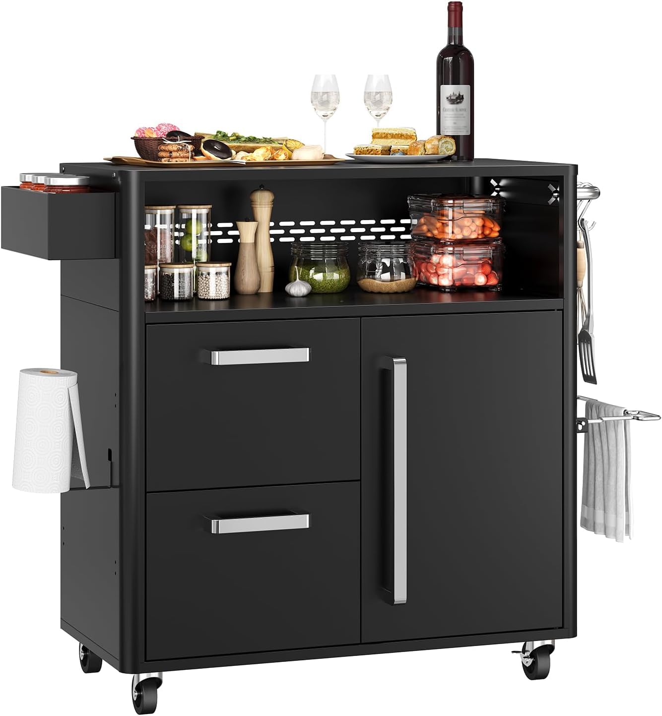 Mobile Outdoor Kitchen Cart - Premium Stainless Steel Prep Table with Single Door & Dual Drawers - Rolling BBQ Station w/ 2 Locking Wheels for Grilling & Serving