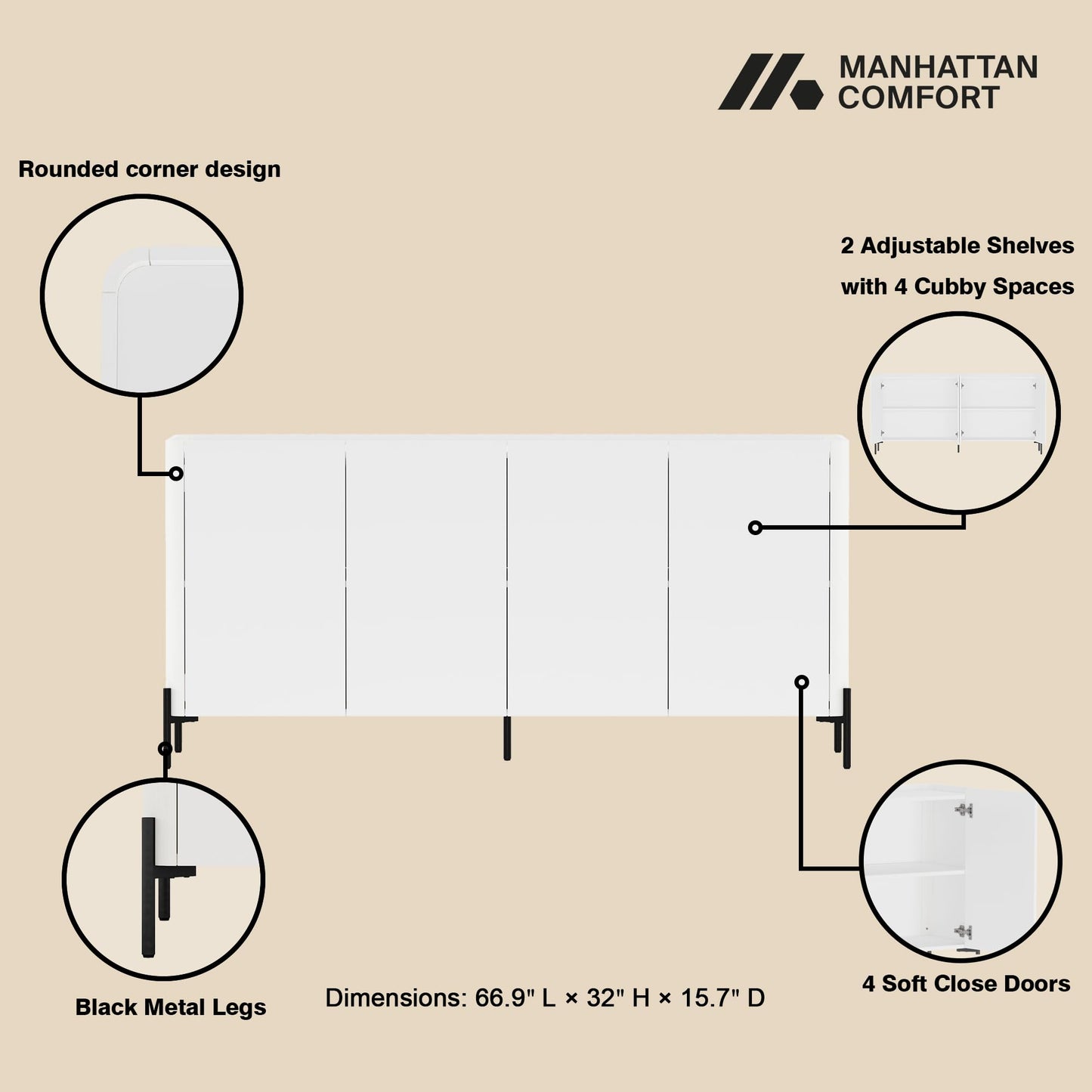 Manhattan Comfort Abbey 67" Sideboard Cabinet, Modern Console Table with Storage, Adjustable Shelves, Kitchen Buffet, Soft Close Doors, Handle-Free Design, Elevated Metal Legs, White