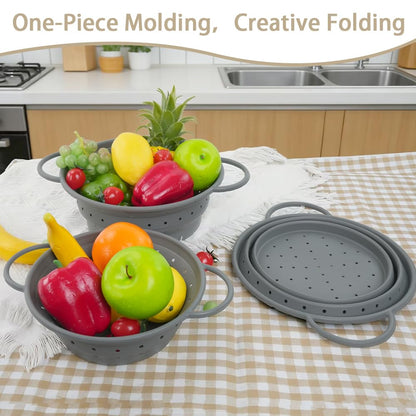 CEYAZYE 3 Pack Collapsible Colander Set, 11&13 Silicone Strainer for Kitchen, Space-Saving Heat-Resistant Fast Draining Basket with Non-Slip Base & Handles, Food Strainer for Pasta, Fruit, Vegetables