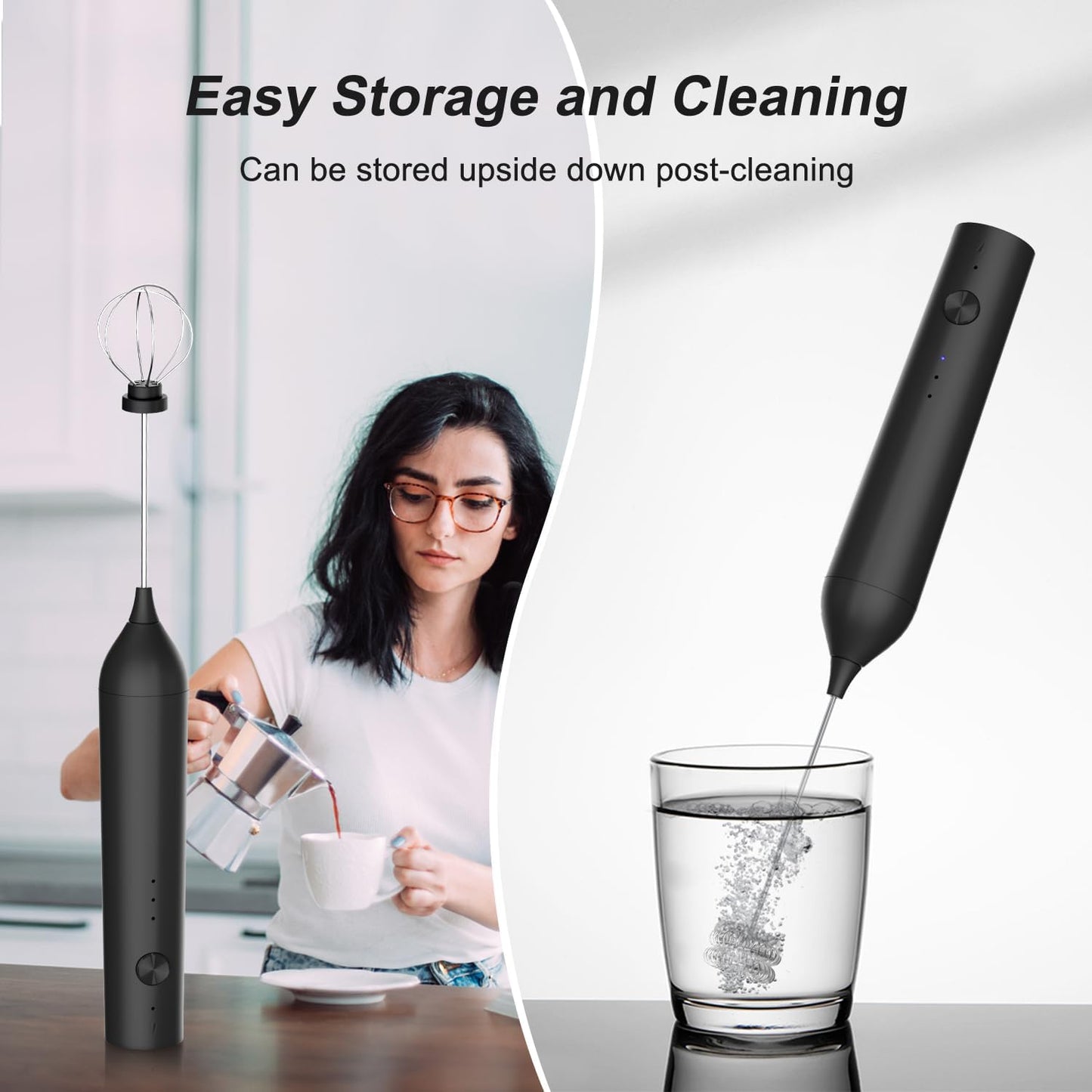 Powerful Electric Milk Frother Set, Rechargeable Drink Blender with Wand and Egg Whisk Attachments, 3 Speed Adjustable