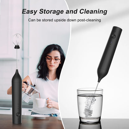 Powerful Electric Milk Frother Set, Rechargeable Drink Blender with Wand and Egg Whisk Attachments, 3 Speed Adjustable