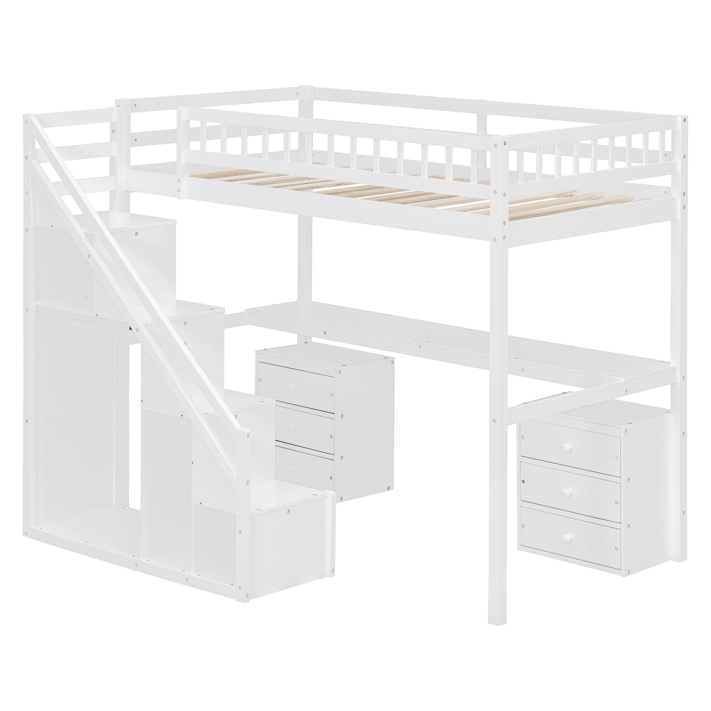 Bellemave Twin Loft Bed with Stairs and Shelves, Wood Loft Bed with Two Chest of Drawers, Wardrobe, LED for Kids, Teens, Adults, White