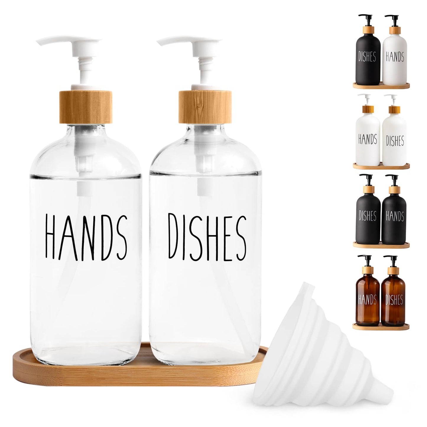 LOOCHICA Clear Glass Soap Dispenser Set with Tray, Transparent Dish and Hand Soap Dispenser Set, Refillable Reusable Apothecary Soap Pump Dispenser Bottles for Bathroom and Kitchen