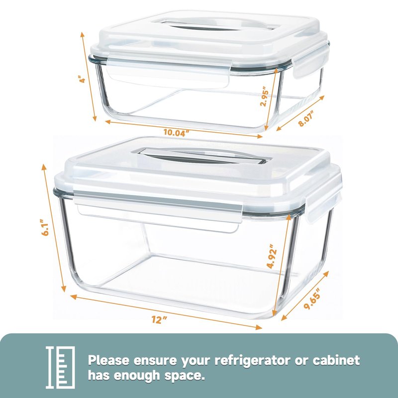 KOMUEE 2 Pack 220oz+76.4oz Extra Large Glass Food Storage Containers Set with Airtight Lids, Big Glass Meal Prep Containers, Ideal for Storing Rotisserie Chicken, Lasagna,Salads, Leak-proof & BPA-Free