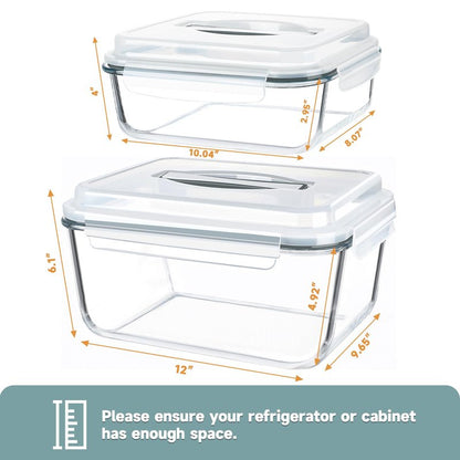 KOMUEE 2 Pack 220oz+76.4oz Extra Large Glass Food Storage Containers Set with Airtight Lids, Big Glass Meal Prep Containers, Ideal for Storing Rotisserie Chicken, Lasagna,Salads, Leak-proof & BPA-Free