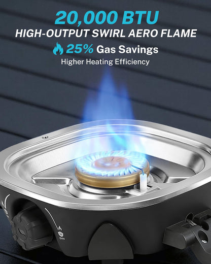 Gonex AeroFlame Dual Burner 20,000 BTUs Propane Camping Stove with Precision Flame Control & Removable Pot Stands, Portable Folding Camp Stove for Camping, Hiking, Patio, BBQ(Black)