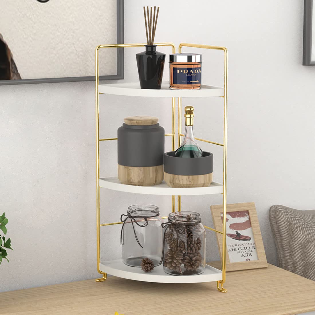 3-Tier Kitchen Spice Rack , Standing Rack,Triangle Bathroom Countertop Storage Shelf ,Cosmetic Organizer Holder , Stackable Cabinet Organizer , Kitchen Counter Shelf , Corner Spice Rack ,Golden