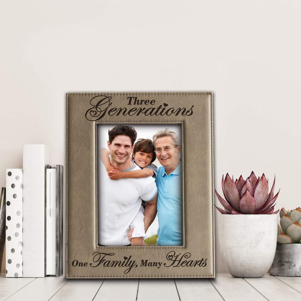 BELLA BUSTA Engraved Leather Picture Frame, Three Generations One Family, Mother's Day, Father's Day Gifts (5 x 7
