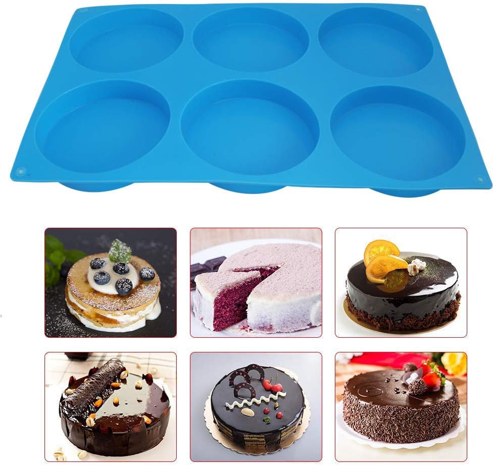 6-Cavity Large Silicone Cake Molds - Non-Stick Round Disc Mousse Cake Pan, French Dessert, Candy, Soap (Blue)