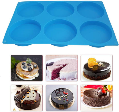 6-Cavity Large Silicone Cake Molds - Non-Stick Round Disc Mousse Cake Pan, French Dessert, Candy, Soap (Blue)
