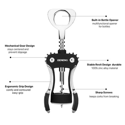 Beneno Wine Opener, Zinc Alloy Premium Wing Corkscrew with Multifunctional Bottles Opener, Sharp Wine Corkscrew with Ergonomic Non-Slip Wing Handle, Upgrade Black