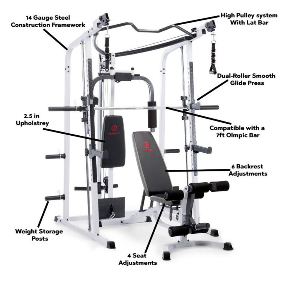 Marcy Pro Smith Cage Workout Machine Full Body Training Home Gym Equipment System with Leg Developer, Press Bar, PEC Deck, and Squat Rack, White