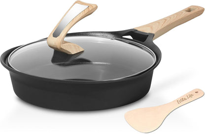 ESLITE LIFE Nonstick Deep Frying Pan Skillet with Lid, 9.5 Inch Healthy Granite Coating (Black)
