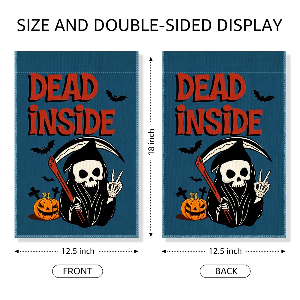 Gkodw Dead Inside Garden Flag, Funny Pumpkin Spooky Yard Flag for Outside, Welcome Autumn Fall Halloween Front Porch Lawn Decoration, Funny Skeleton Peace Sign Home Banner