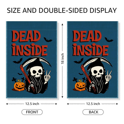 Gkodw Dead Inside Garden Flag, Funny Pumpkin Spooky Yard Flag for Outside, Welcome Autumn Fall Halloween Front Porch Lawn Decoration, Funny Skeleton Peace Sign Home Banner