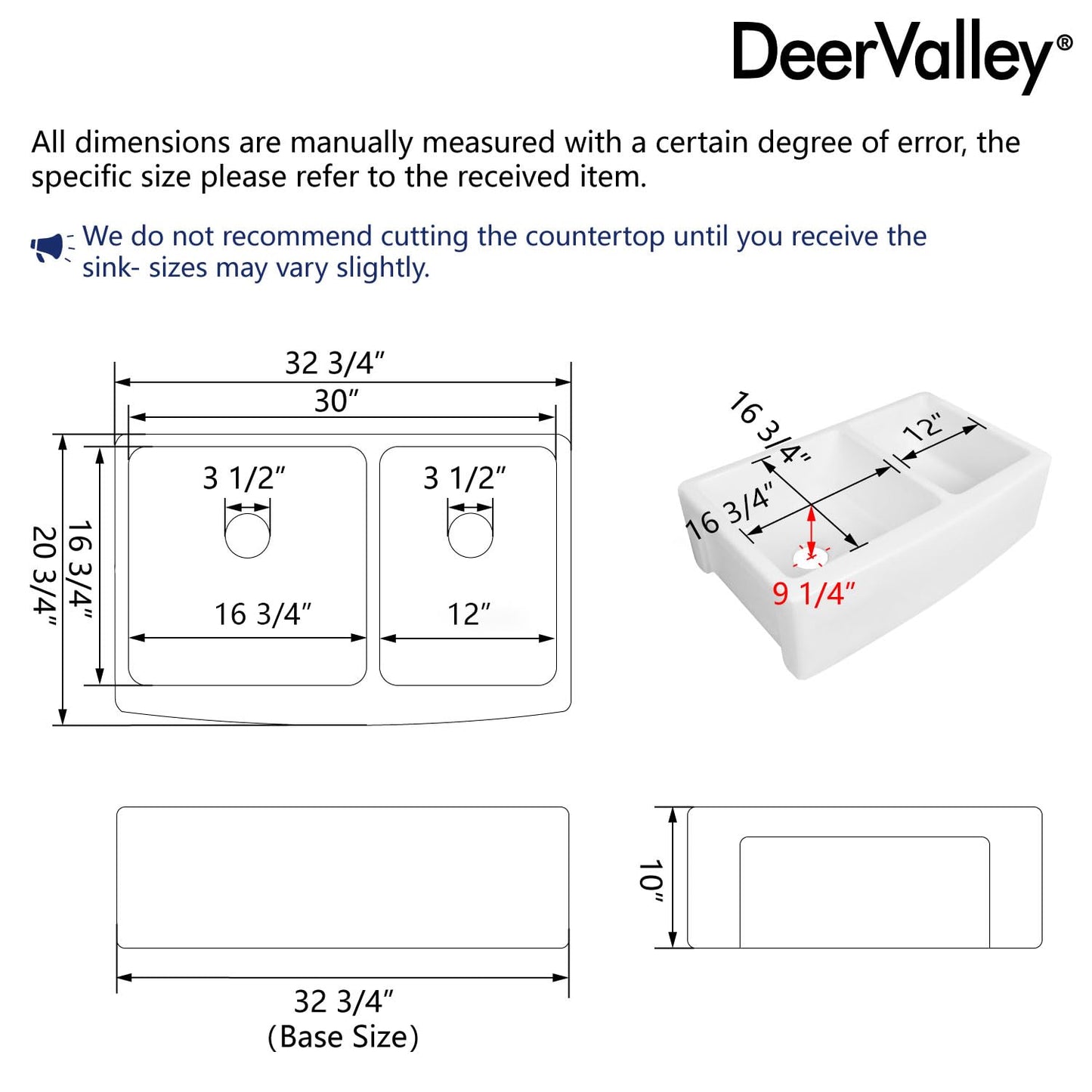DeerValley Double Bowl White Kichen Sink 33 inch, Ceramic Apron Front Farmhouse Sink, Deep Drop-in Fireclay Undermount Large Sinks with Grid & Strainer