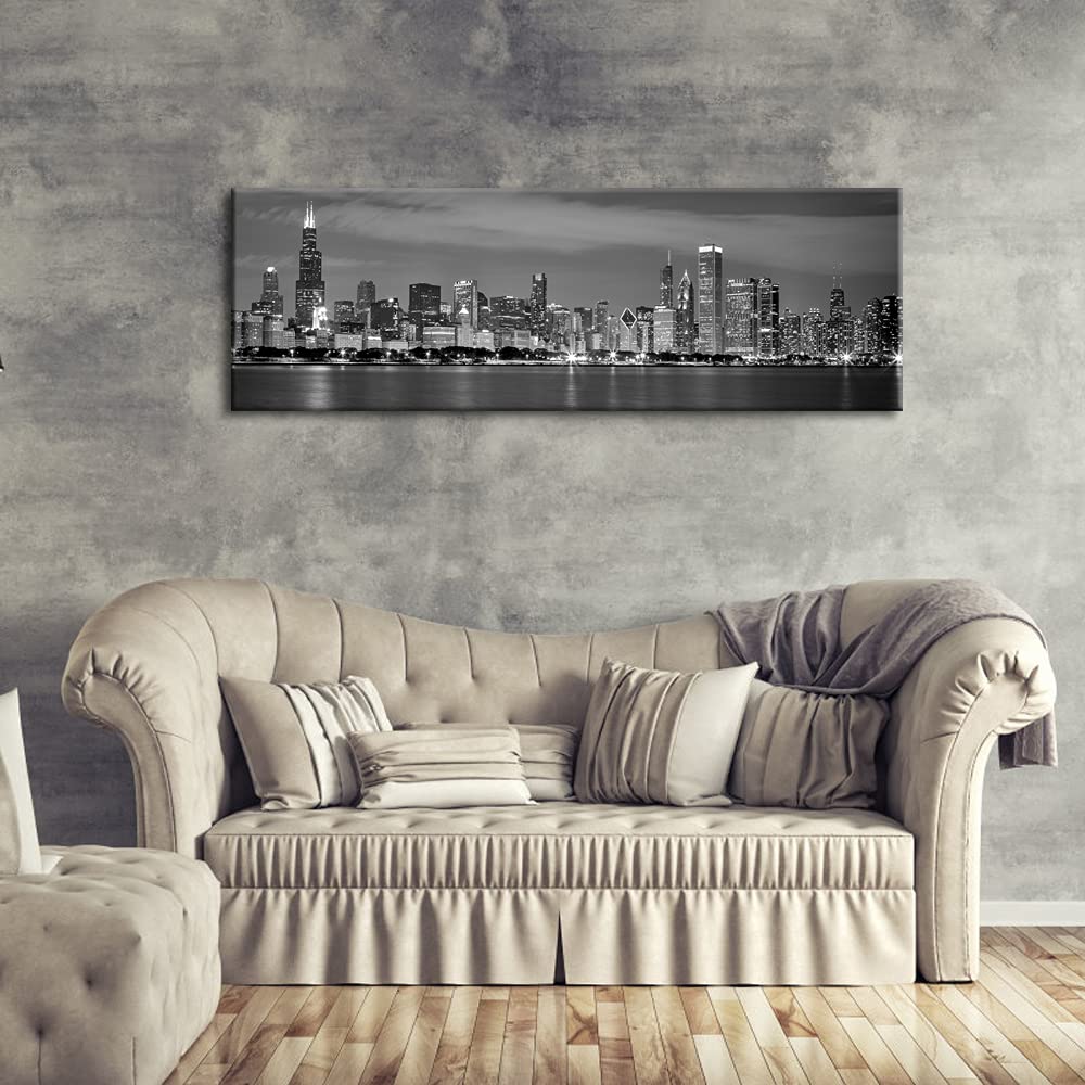 Wieco Art New York Manhattan Night View in Black and White Giclee Canvas Prints Modern Stretched and Framed Art work Cityscape Pictures Paintings on Canvas Wall Art for Bedroom Home Decorations