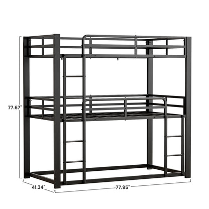 Mixcous Heavy Duty Triple Bunk Bed, Twin Over Twin Over Twin Metal Bunkbeds with Ladder, Family-Friendly for All Ages, Bedroom, No Box Spring Needed, Easy Assembly, Black