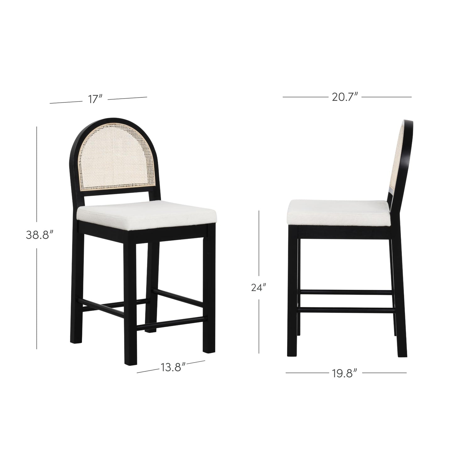 Nathan James Bailey Boucle Upholstered Rattan Bar Stool, Counter Height Stool with Natural Rattan Woven Back For Kitchen Island, White/Black Oak, Set of 4