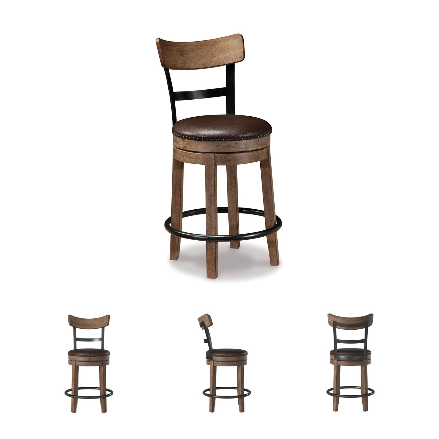 Signature Design by Ashley Pinnadel Bar Stool, Swivel Counter Height Stool Chair With Faux Leather Seat, Wood and Metal Frame for Kitchen Island With Seating, Light Brown