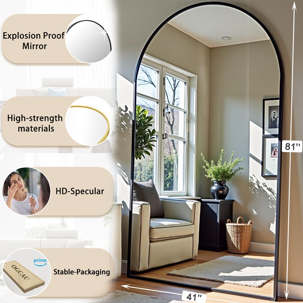 OGCAU Floor Full Length Mirror, 81"x41" Arched-Top Hanging, Leaning or Standing Mirror, Full Body Wall Mounted with Aluminum Frame for Living Room, Bedroom (Black)