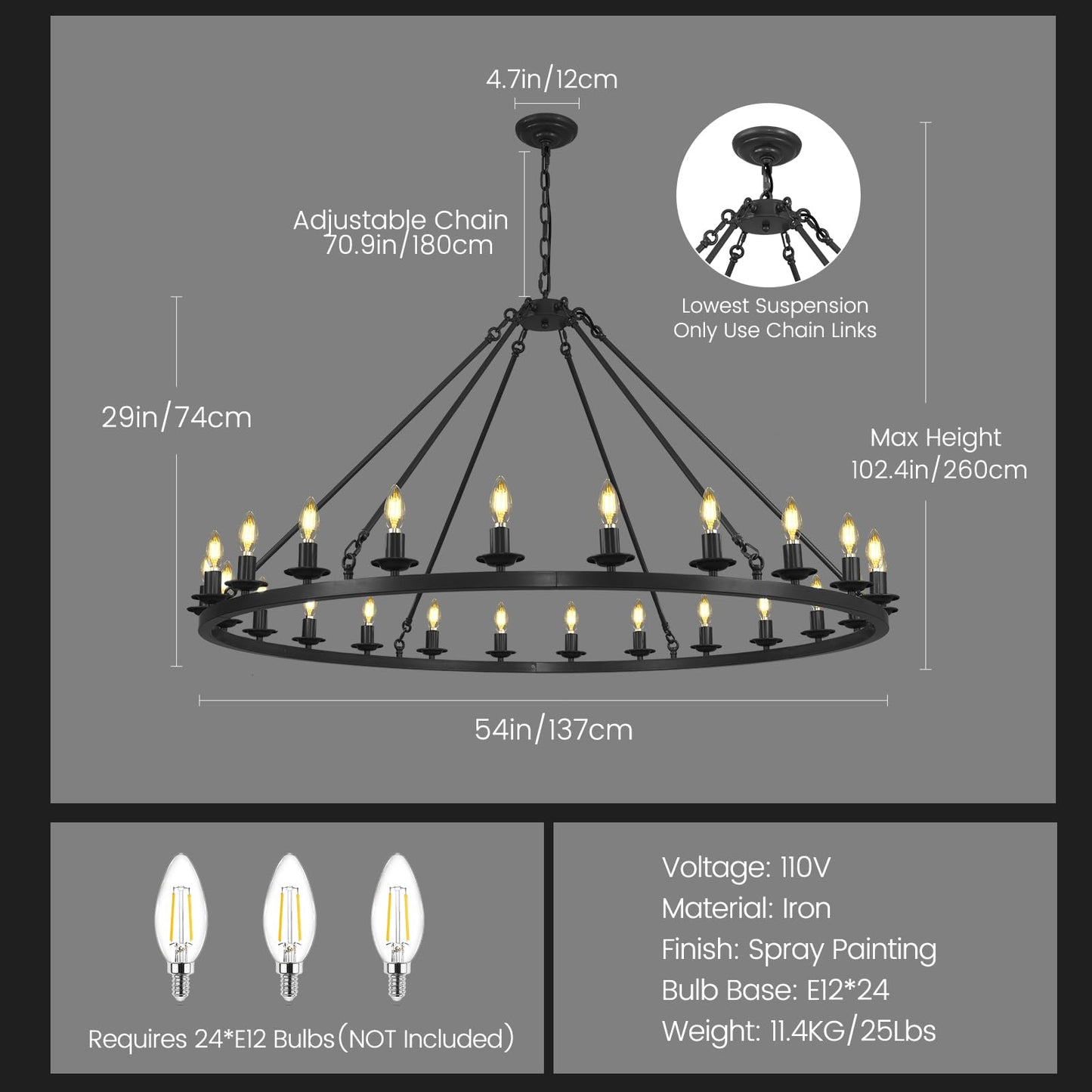 RWOGNLO 54" Black Large Wagon Wheel Chandelier, Farmhouse Round Chandeliers for Dining Room, 24-Light Modern Living Room Chandeliers Ceiling Fixtures for Bedroom, Foyer, Entryway, Staircase, Kitchen