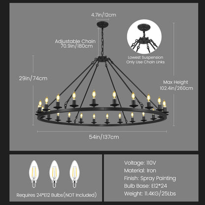 RWOGNLO 54" Black Large Wagon Wheel Chandelier, Farmhouse Round Chandeliers for Dining Room, 24-Light Modern Living Room Chandeliers Ceiling Fixtures for Bedroom, Foyer, Entryway, Staircase, Kitchen