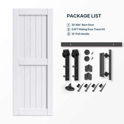 EaseLife 32 x 84 inch White Barn Door with 5.5FT Sliding Door Hardware Kit Included & Handle,Solid Wood Covered with Waterproof PVC Surface,DIY Assemblely,Easy Install,H-Frame,Fit 28-30in Wide Opening