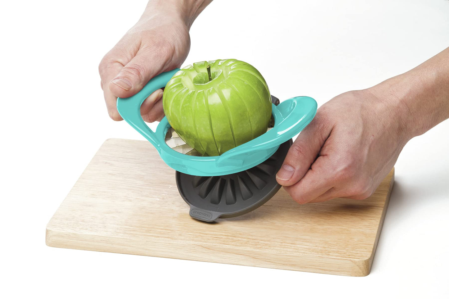 PrepWorks by Progressive Dishwasher Safe 16-Slice Thin Apple Slicer and Corer with Attached Safety Cover (Turquoise)