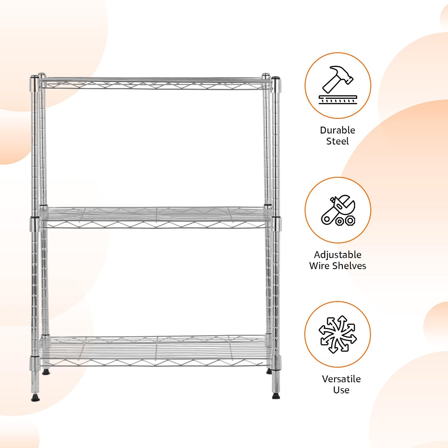 Amazon Basics 3-Shelf Adjustable Heavy Duty Steel Wire Shelving Rack with Chrome Finish, No-Tool Assembly, 250 lbs per Shelf, 23.2" L x 13.4" W x 30" H