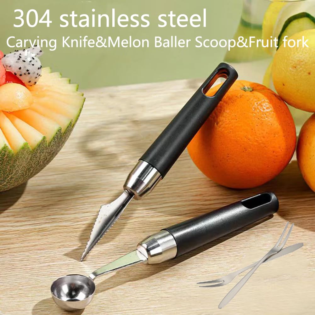 4 Pack Melon Baller Scoon Set,Stainless Steel Fruit Carving Cuter,DIY Fruit Baller Spoon Shapes Platter,Watermelon Cantaloupe Ice Cream Tool,Bring Two Fruit Forks and Mooncake Forks