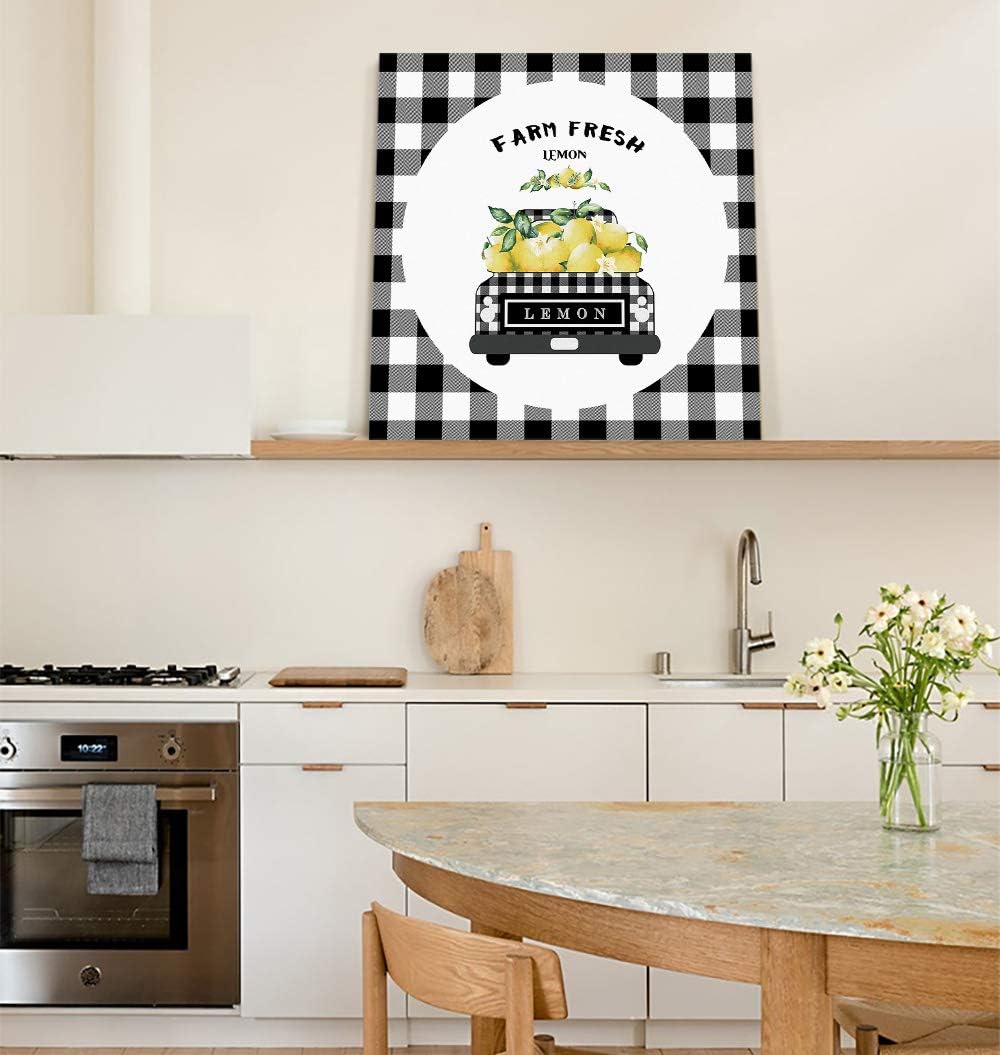 Canvas Wall Art - Black Grey Buffalo Plaid Farm Truck Carry Lemons, Rustic Farmhouse Style Decor, 16'' x 16'' Framed
