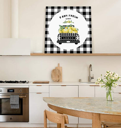 Canvas Wall Art - Black Grey Buffalo Plaid Farm Truck Carry Lemons, Rustic Farmhouse Style Decor, 16'' x 16'' Framed