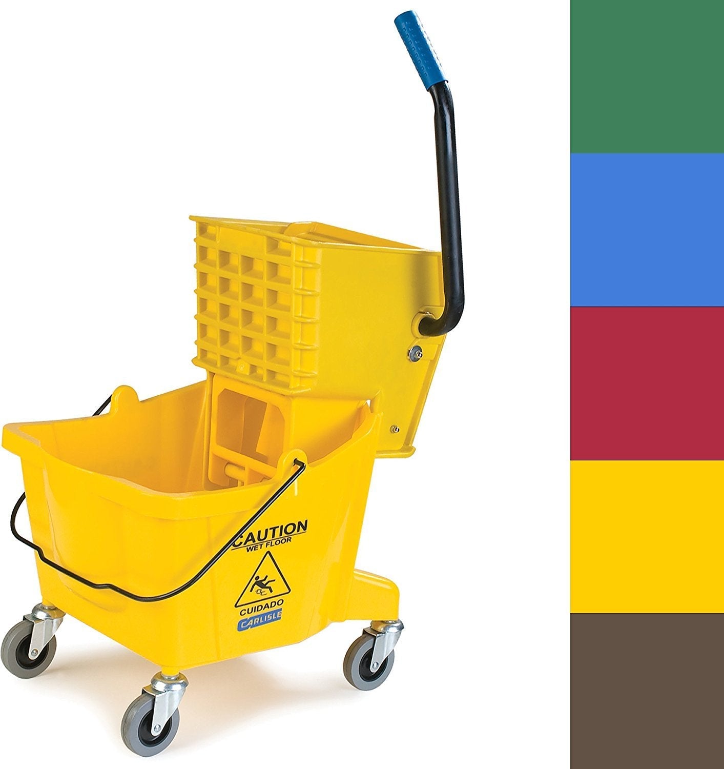Carlisle FoodService Products 26-Quart Commercial Mop Bucket with Side-Press Wringer, Precision-Molded Polypropylene, Durable Wringer, Bucket with Non-Marking Casters, 18.5 x 16.5 x 23 Inches, Yellow