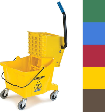 Carlisle FoodService Products 26-Quart Commercial Mop Bucket with Side-Press Wringer, Precision-Molded Polypropylene, Durable Wringer, Bucket with Non-Marking Casters, 18.5 x 16.5 x 23 Inches, Yellow