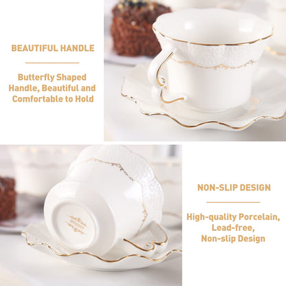 DUJUST Tea Cups and Saucers with Golden Trim,Set of 6 (7 OZ), Luxury Relief Printing Coffee Cups with Metal Stand, British Royal Porcelain Tea Party Set - White