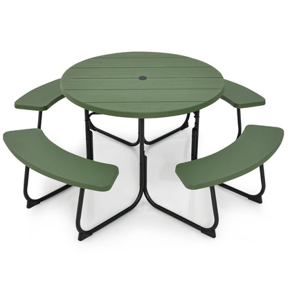 Tangkula 8 Person Picnic Table, Outdoor Round Picnic Table with 4 Built-in Benches, Umbrella Hole, Metal Frame & HDPE Tabletop, Outside Table and Bench Set for Backyard, 2300lbs Weight Capacity