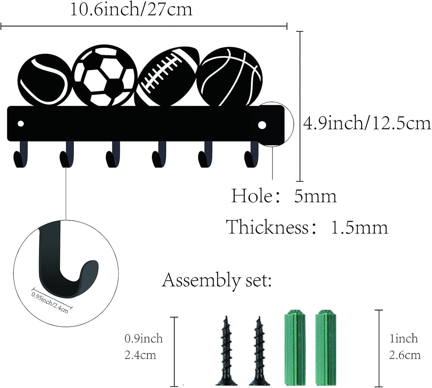 CREATCABIN Hook Hanger Wall Key Holder, Metal Decorative Mounted Organizer Rack with Sports Goods Basketball Football