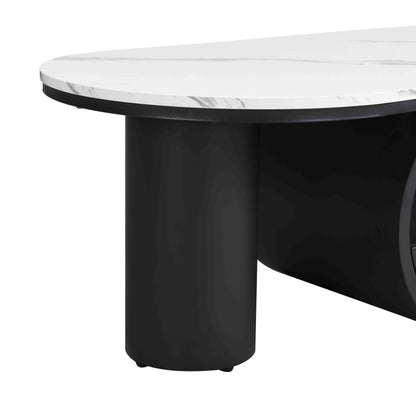 KEIKI Luxury Modern Oval Coffee Table with Storage Drawer, 47.24" Faux Marble Top, Wooden Coffee Table with Shelf, Sturdy Black Metal Frame for Living Room & Office, Black White