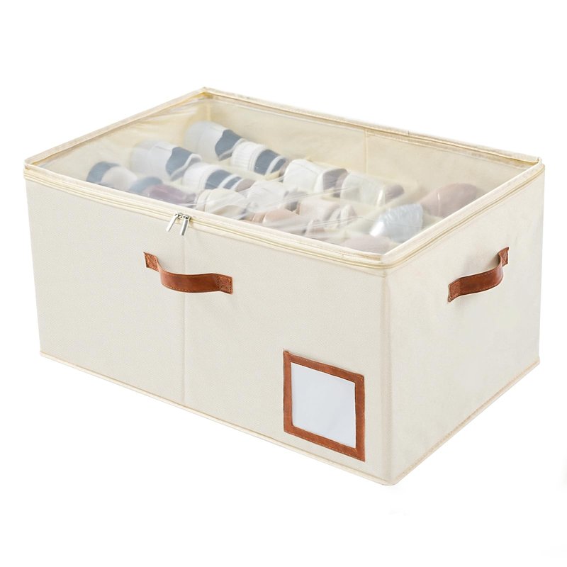 INSTY Shoe Organizer for Closet Fit 24 Pairs, Large Foldable Shoe Storage Containers Box Bin w/Adjustable Dividers and Clear Cover, Space Saving Shoe Storage Organizer Box, Beige