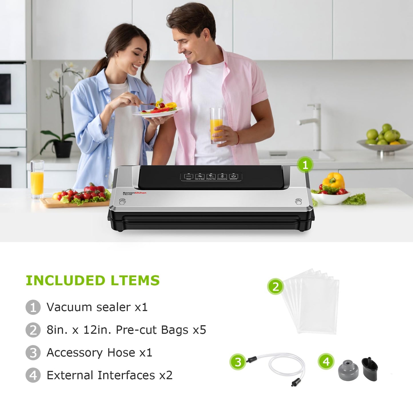 Bonsenkitchen Vacuum Sealer Machine | Compact Food Sealer for Kitchen Storage & Meal Prep | Multiple Modes | External Vacuum System | 5 Bags, Silver