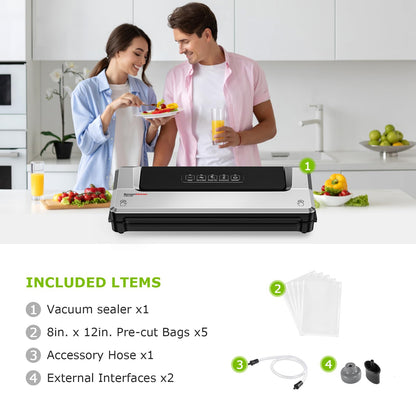 Bonsenkitchen Vacuum Sealer Machine | Compact Food Sealer for Kitchen Storage & Meal Prep | Multiple Modes | External Vacuum System | 5 Bags, Silver